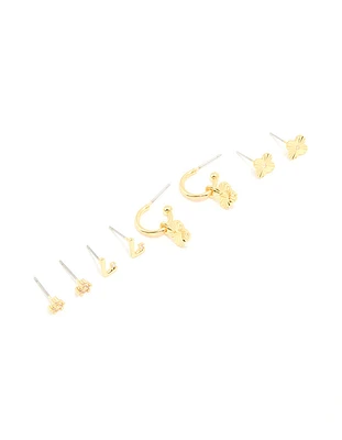 Gold Plated Cubic Zirconia Letter L & Dainty Flower Earrings 4-Pack