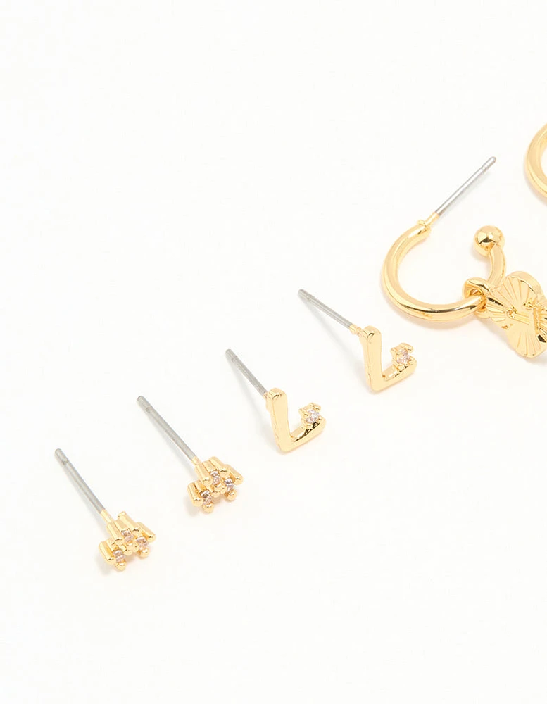 Gold Plated Cubic Zirconia Letter L & Dainty Flower Earrings 4-Pack