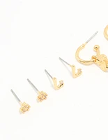 Gold Plated Cubic Zirconia Letter L & Dainty Flower Earrings 4-Pack