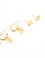 Gold Plated Cubic Zirconia Letter L & Dainty Flower Earrings 4-Pack