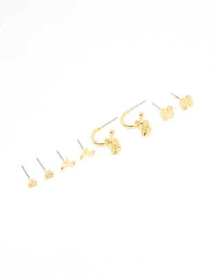Gold Plated Cubic Zirconia Letter M Dainty Flower Earrings Pack