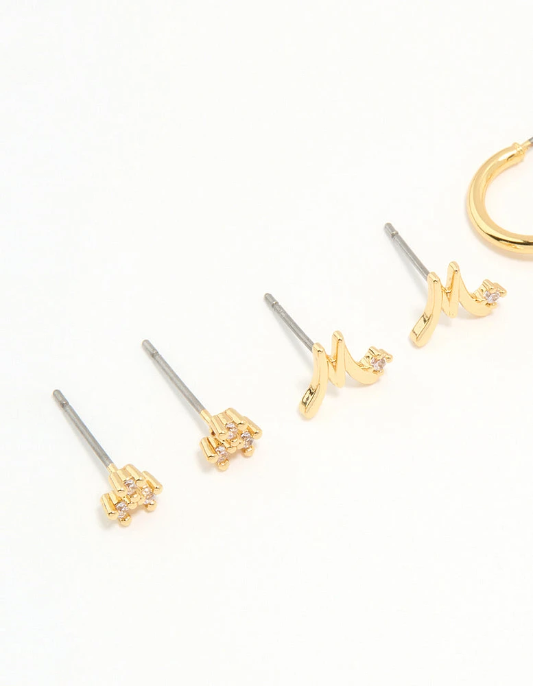 Gold Plated Cubic Zirconia Letter M Dainty Flower Earrings Pack