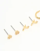 Gold Plated Cubic Zirconia Letter M Dainty Flower Earrings Pack