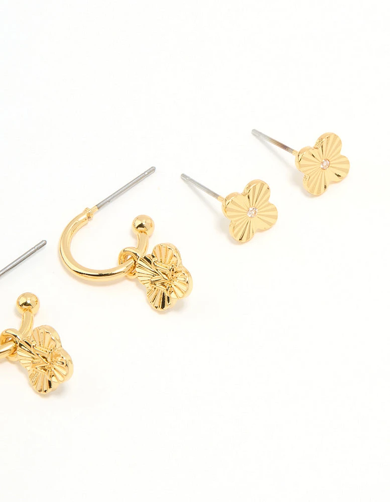 Gold Plated Cubic Zirconia Letter M Dainty Flower Earrings Pack
