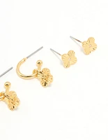 Gold Plated Cubic Zirconia Letter M Dainty Flower Earrings Pack