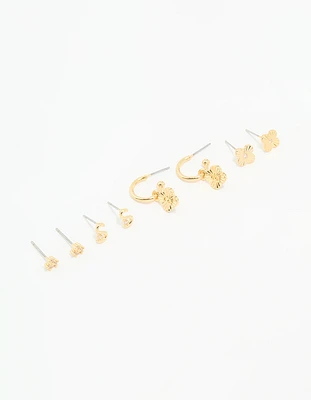 Gold Plated Cubic Zirconia Letter S & Flower Earrings 4-Pack