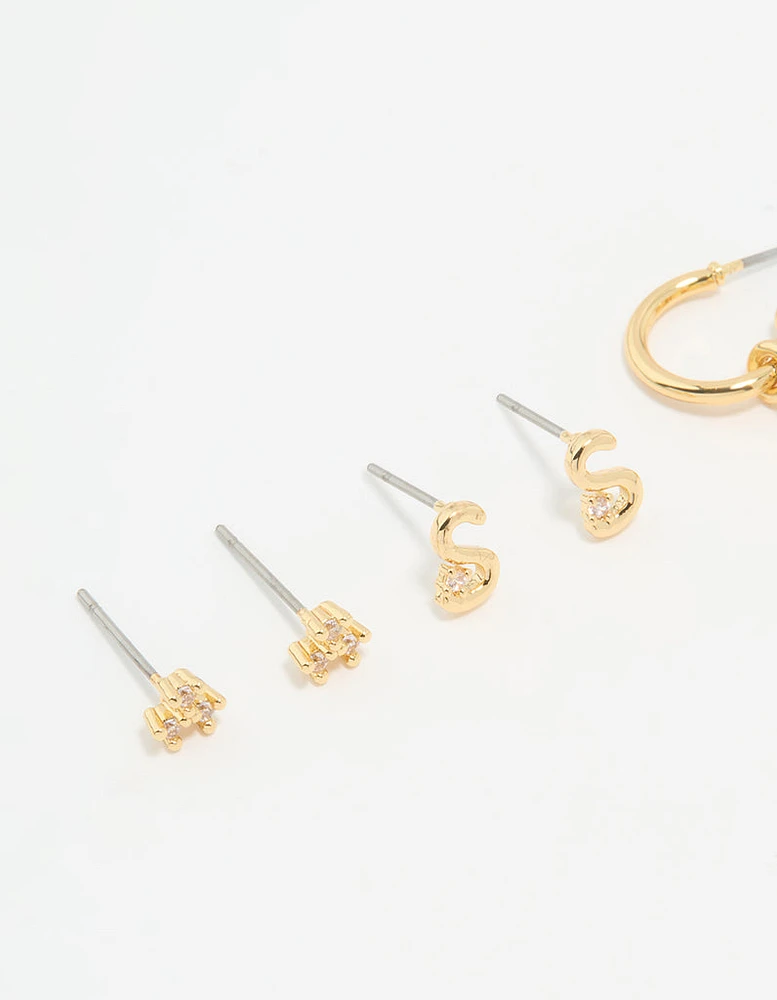 Gold Plated Cubic Zirconia Letter S & Flower Earrings 4-Pack
