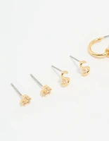 Gold Plated Cubic Zirconia Letter S & Flower Earrings 4-Pack