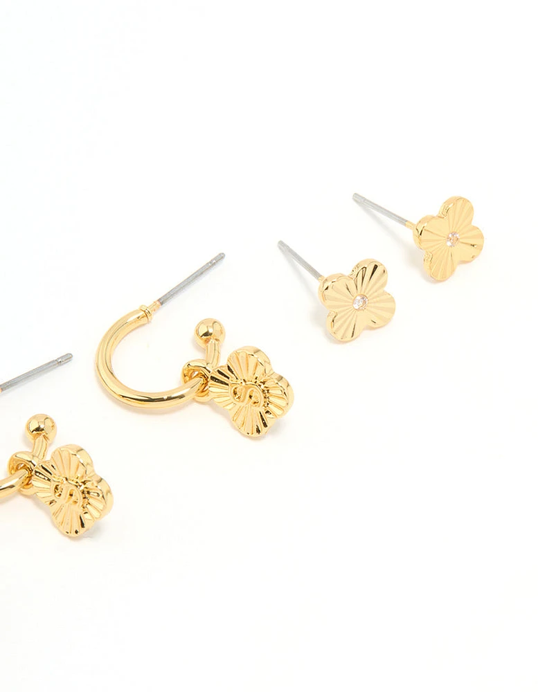 Gold Plated Cubic Zirconia Letter S & Flower Earrings 4-Pack
