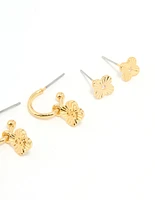 Gold Plated Cubic Zirconia Letter S & Flower Earrings 4-Pack