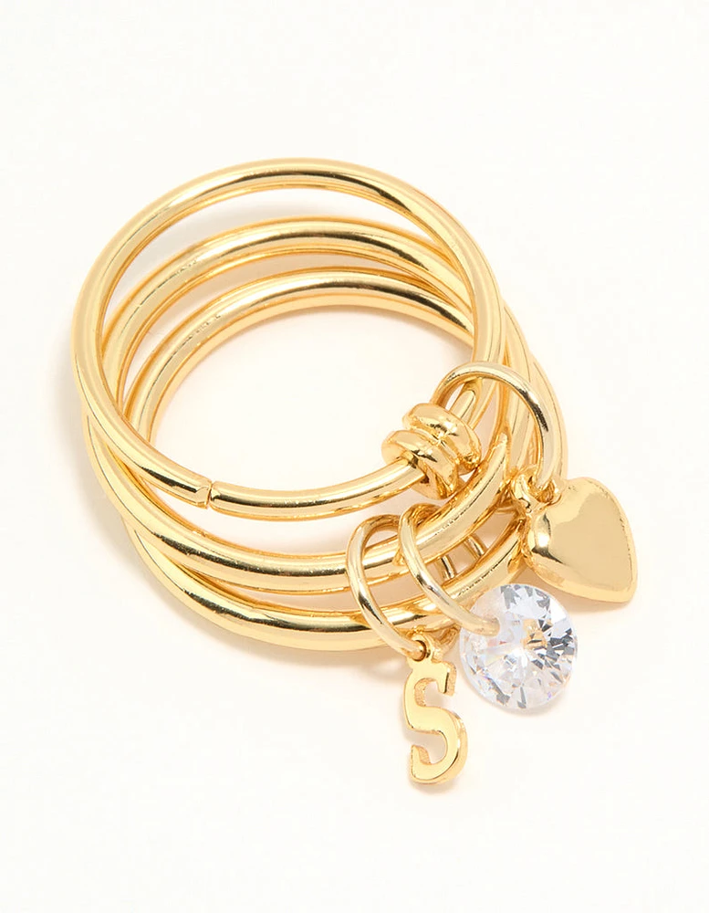 Gold Plated Cubic Zirconia Letter S Rondell Charm Ring