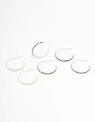 Silver Emerald Diamante Pavé Hoop Earrings 3-Pack