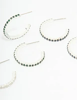Silver Emerald Diamante Pavé Hoop Earrings 3-Pack