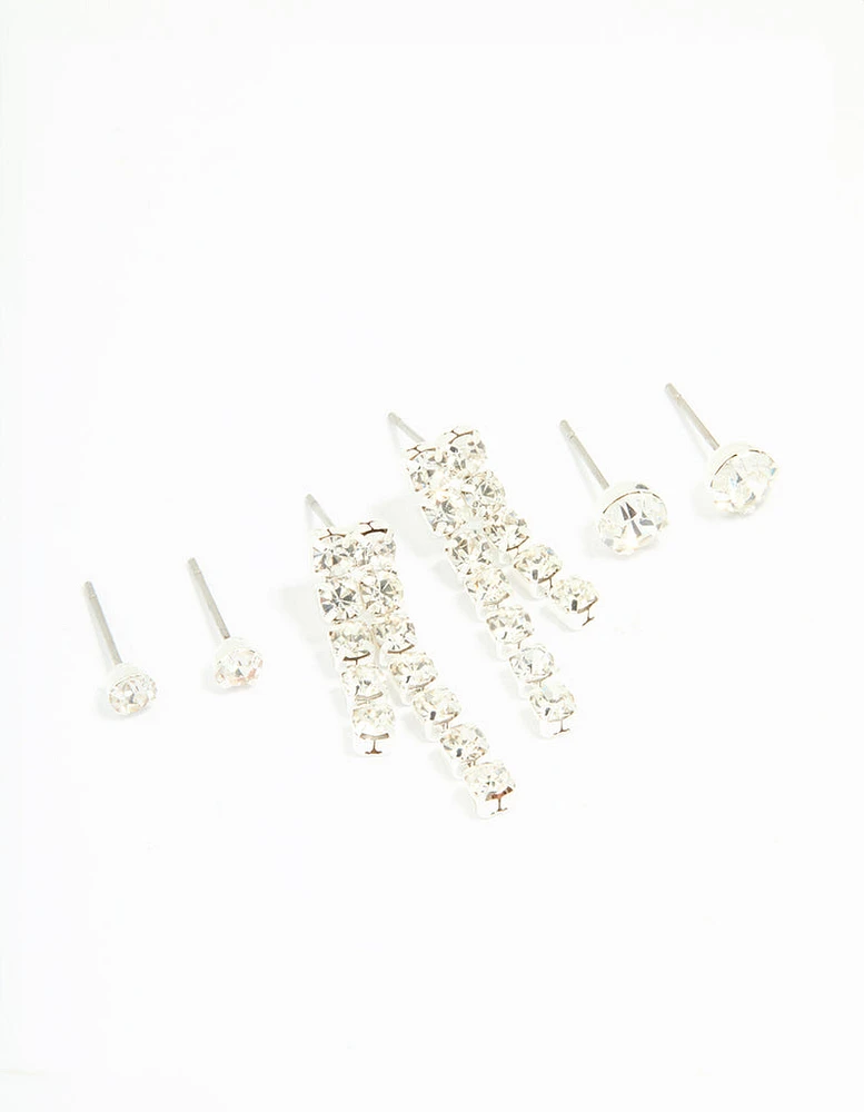 Silver Diamante Stud & Cupchain Earrings 3-Pack