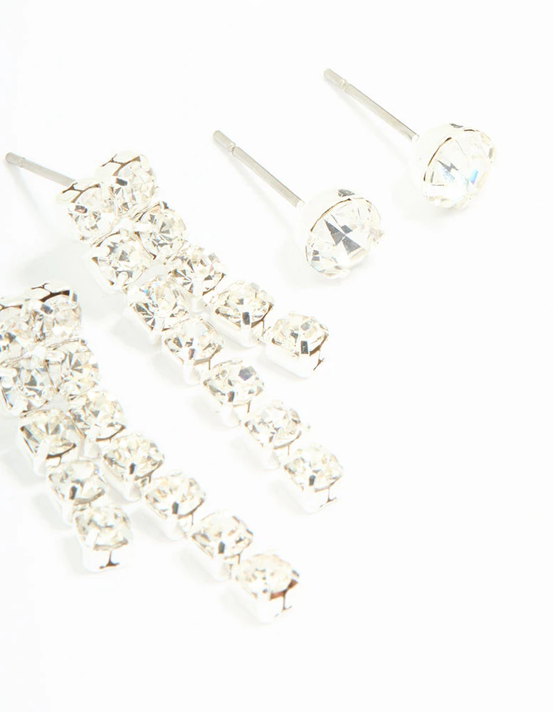 Silver Diamante Stud & Cupchain Earrings 3-Pack