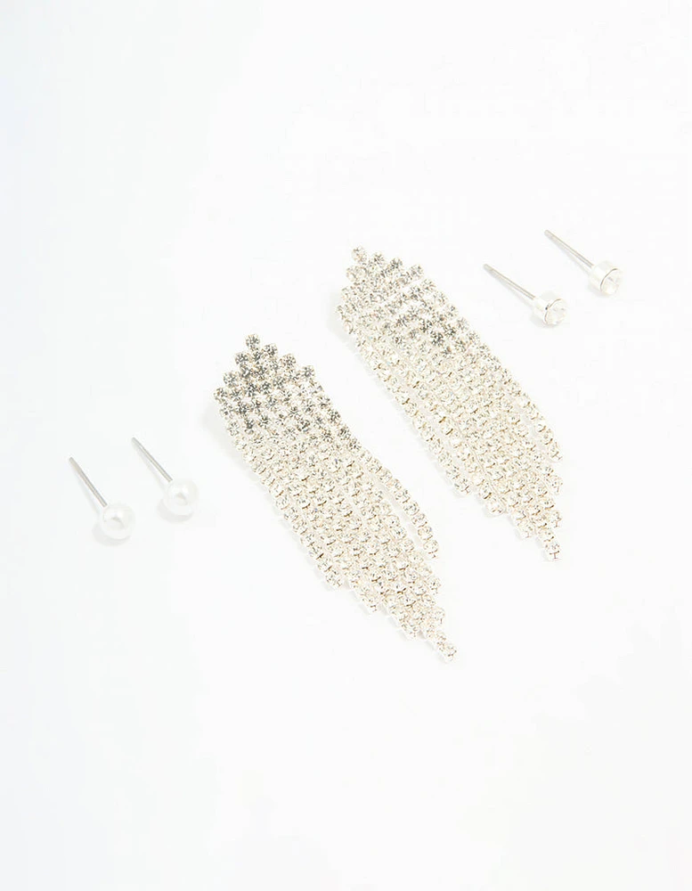 Silver Pearl Stud & Diamante Cupchain Earrings 3-Pack