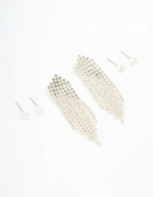 Silver Pearl Stud & Diamante Cupchain Earrings 3-Pack
