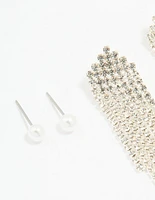 Silver Pearl Stud & Diamante Cupchain Earrings 3-Pack