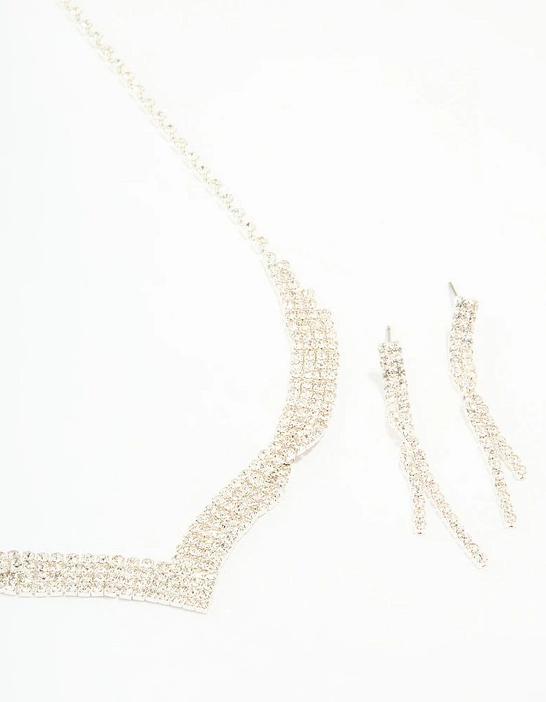 Silver Diamante Thin Pavé Twisted Necklace & Earrings Set
