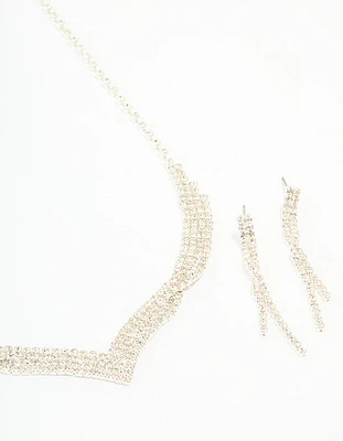 Silver Diamante Thin Pavé Twisted Necklace & Earrings Set