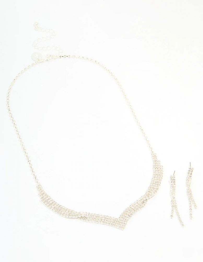Silver Diamante Thin Pavé Twisted Necklace & Earrings Set