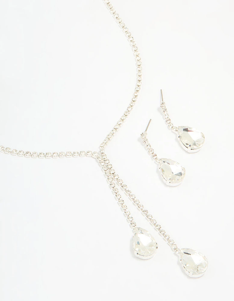 Silver Diamante Pearl Drop Y-Necklace & Earrings Set