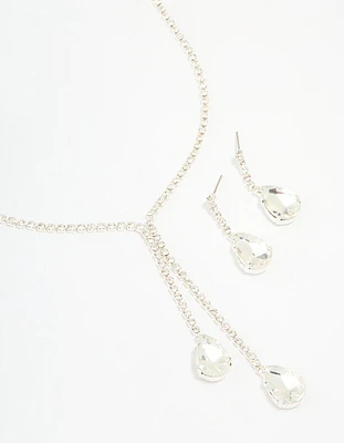 Silver Diamante Pearl Drop Y-Necklace & Earrings Set