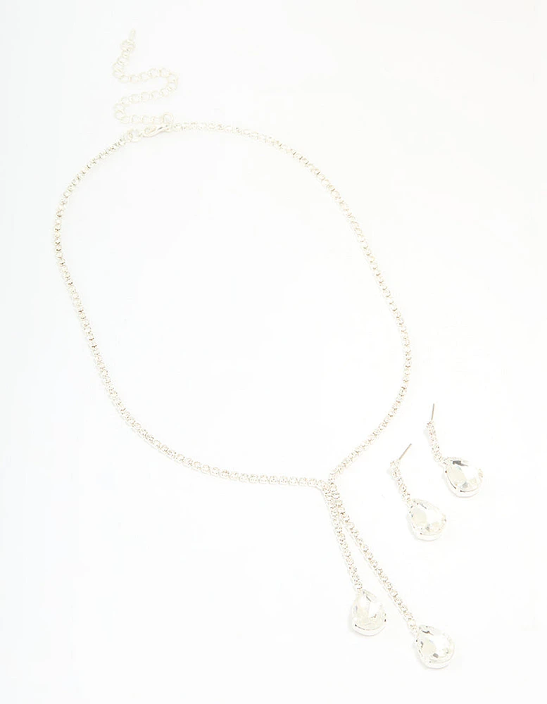 Silver Diamante Pearl Drop Y-Necklace & Earrings Set