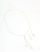 Silver Diamante Pearl Drop Y-Necklace & Earrings Set