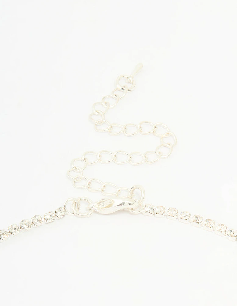 Silver Diamante Pearl Drop Y-Necklace & Earrings Set