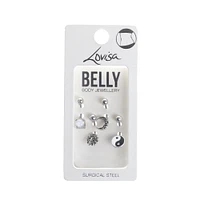 Rhodium Surgical Steel Yin & Yang Belly Bar 4-Pack