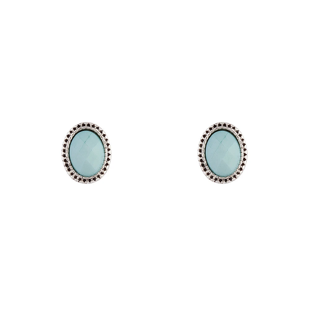 Antique Silver Blue Oval Stud Earrings