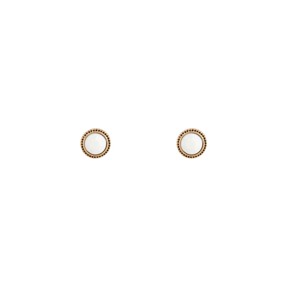 White Round Facet Stud Earrings Gold Border