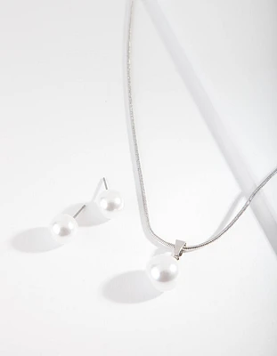 Rhodium Large Pearl Stud Necklace Earrings Set