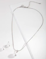Rhodium Large Pearl Stud Necklace Earrings Set