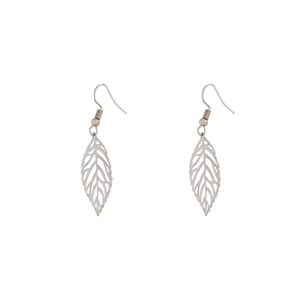 Silver Single Leaf Filigree Drop Earrings