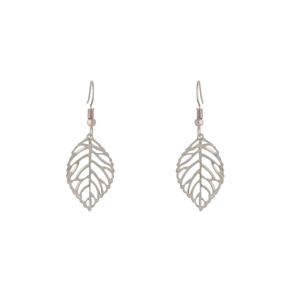 Silver Single Leaf Filigree Drop Earrings