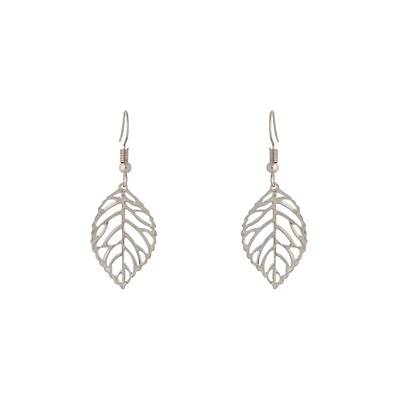 Silver Single Leaf Filigree Drop Earrings