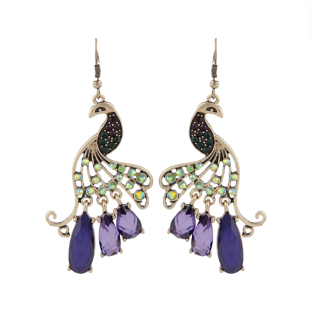Jewelled Peacock Earrings In Burnished Gold