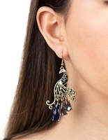 Jewelled Peacock Earrings In Burnished Gold