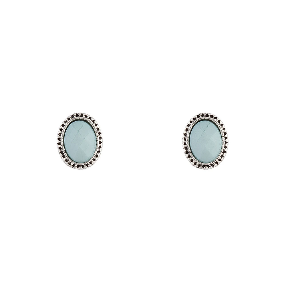 Antique Silver Blue Oval Stud Earrings