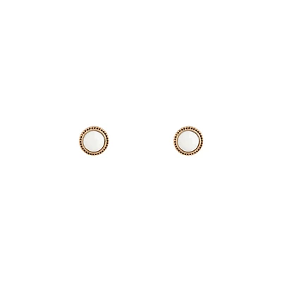 White Round Facet Stud Earrings Gold Border