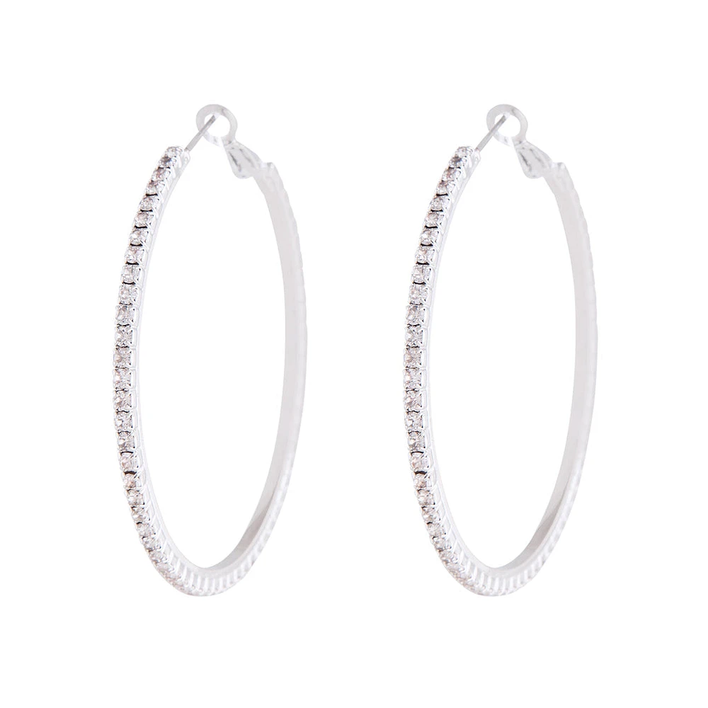 Silver Square Edged Diamante Detailed Hoop Earrings