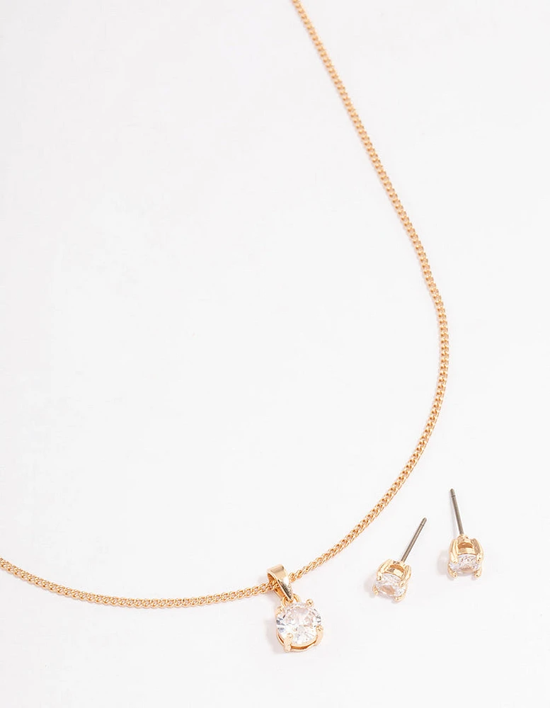 Gold Cubic Zirconia Classic Necklace Earrings Set
