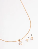 Gold Cubic Zirconia Classic Necklace Earrings Set