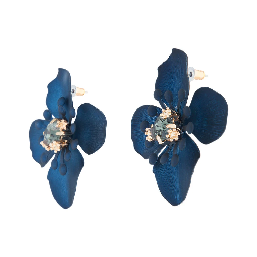 Navy Matte Coated Orchid Stud Earrings