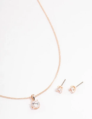 Rose Gold Cubic Zirconia Necklace Earrings Set