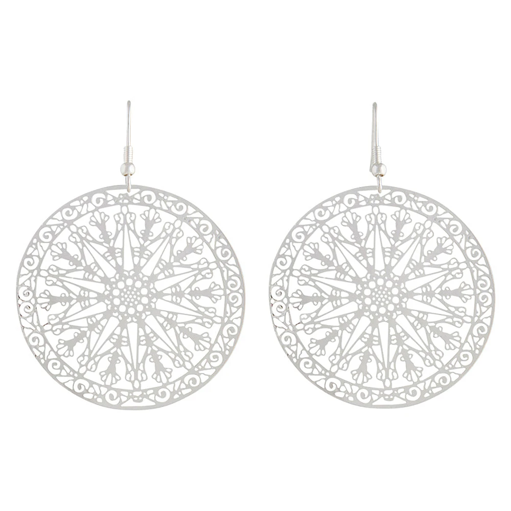 Silver Large Stamp Filigree Disc Earrings