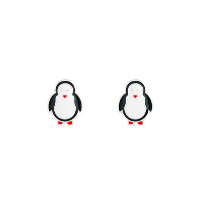 Black White Rhodium Penguin Stud Earrings