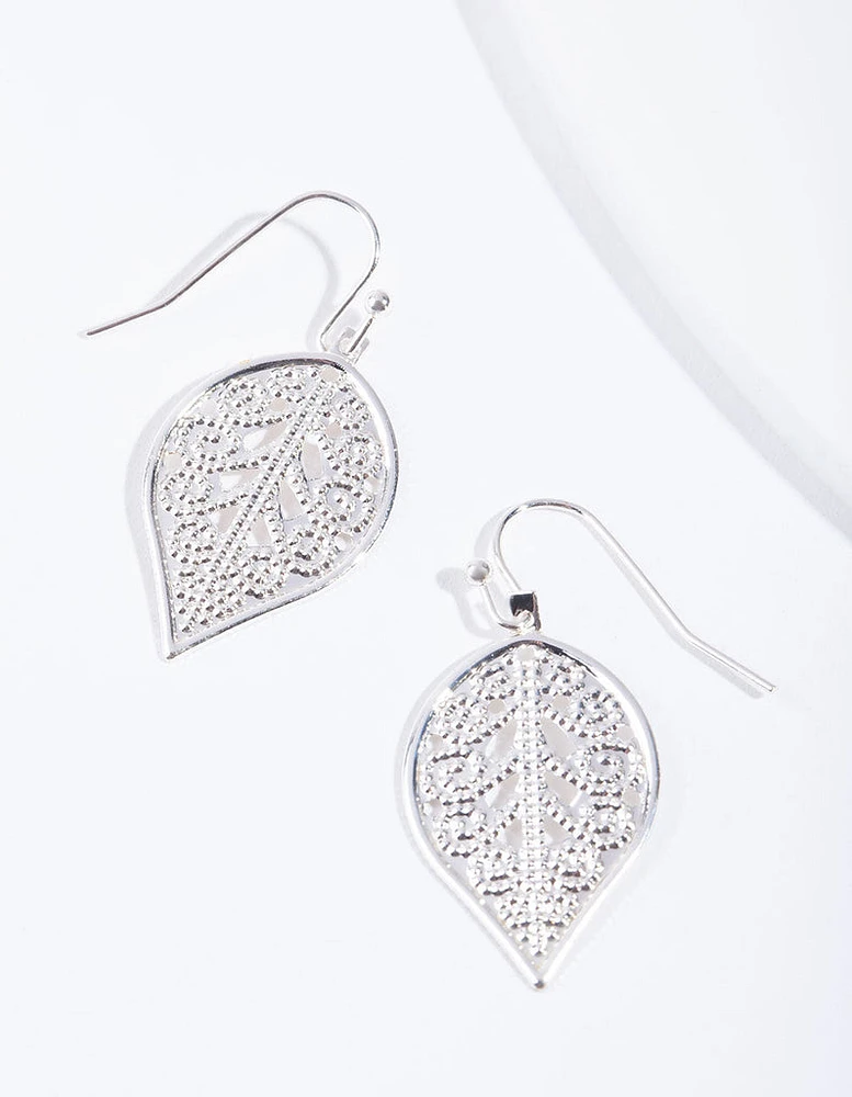 Silver Filigree Leaf Detail Drop Earrings